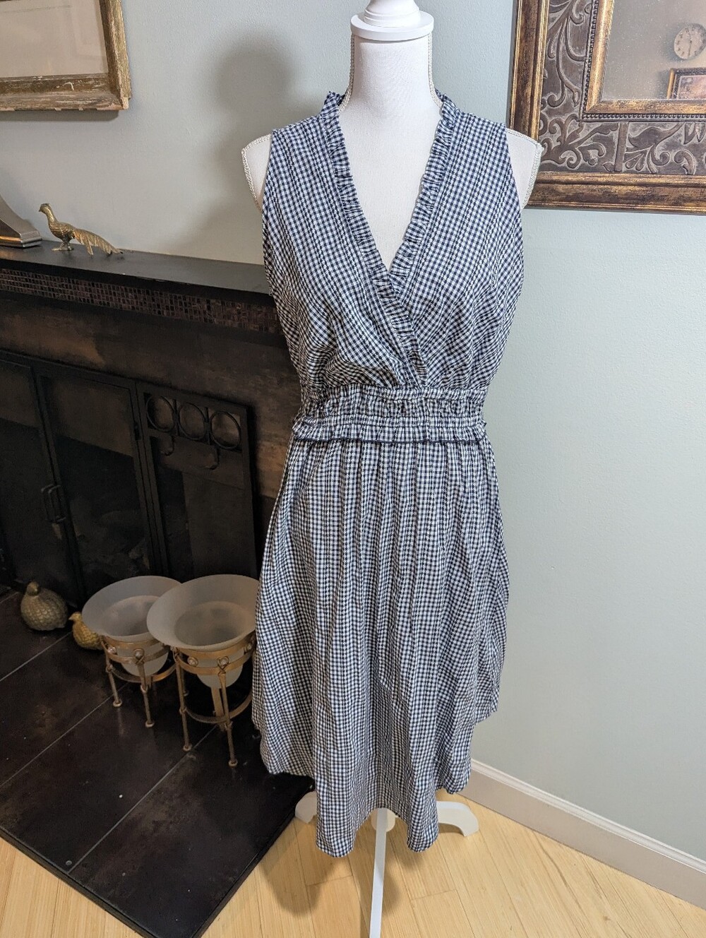 Hope and Harlow Size 8 Navy Gingham Sleeveless V-neck Dress Ruffle Detail